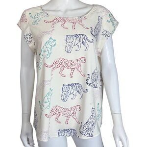 MAISON D' AMÉLIE Blouse Womens L Multicolor Animal Print Cap Sleeve Polyester